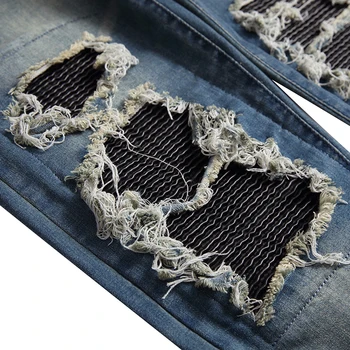 Sokotoo Pánské PU kožené patchwork roztrhl biker džíny Streetwear skládaný stretch denim tužka kalhoty Modrá Černá