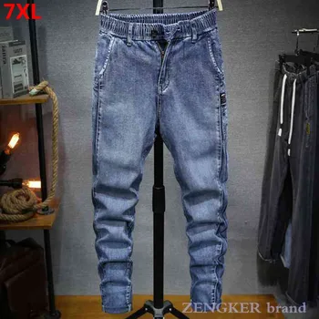 Podzim tlusté modré džíny plus velikost pánské stretch rovné nohy kalhoty volné mužské kalhoty 6XL, 7XL přítel patchwork džíny
